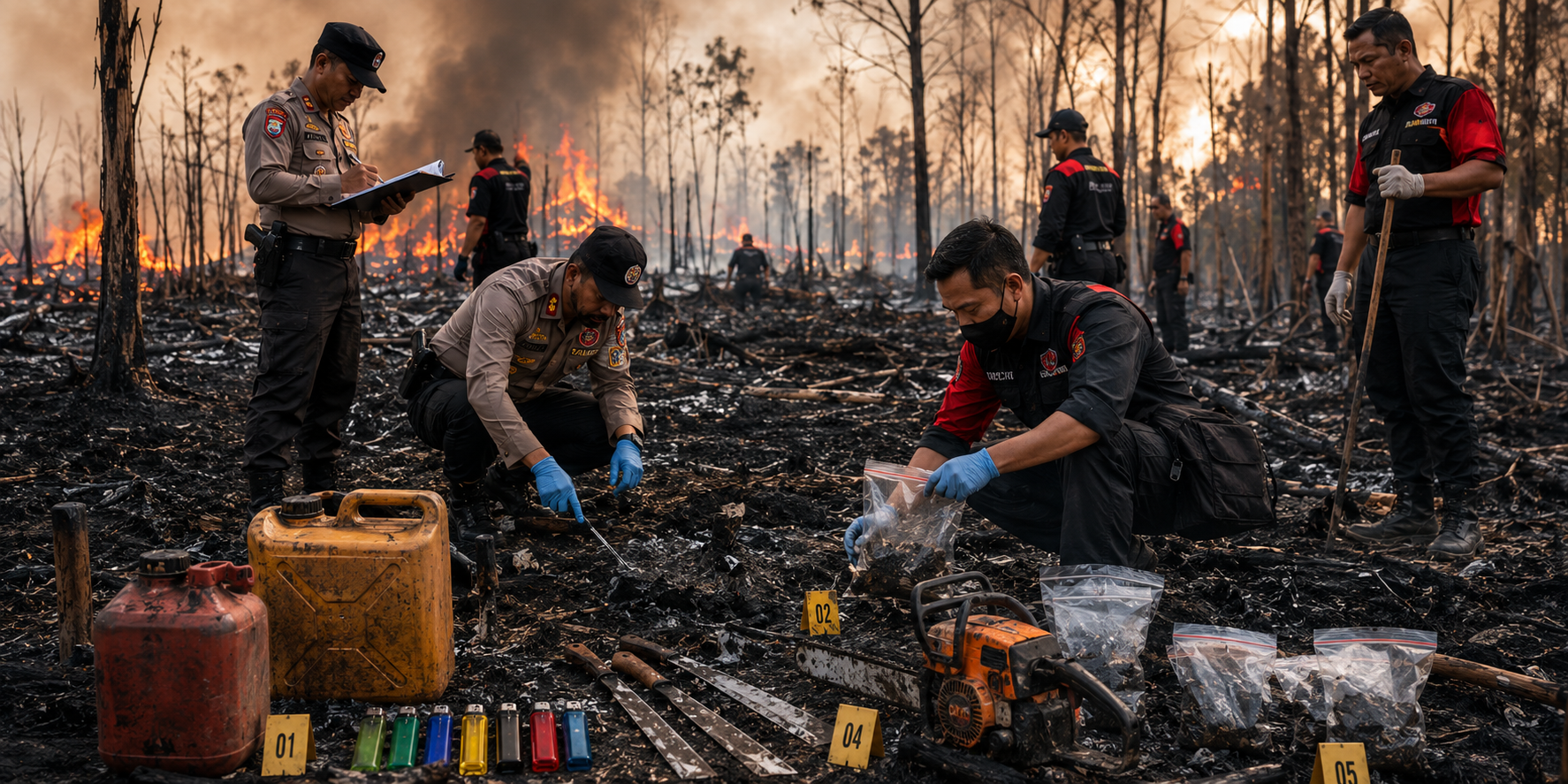 72 Orang Ditetapkan Tersangka Oleh Bareskrim Polri Akibat Sengaja Bakar Lahan Hutan Di kalimantan dengan petugas memeriksa area karhutla